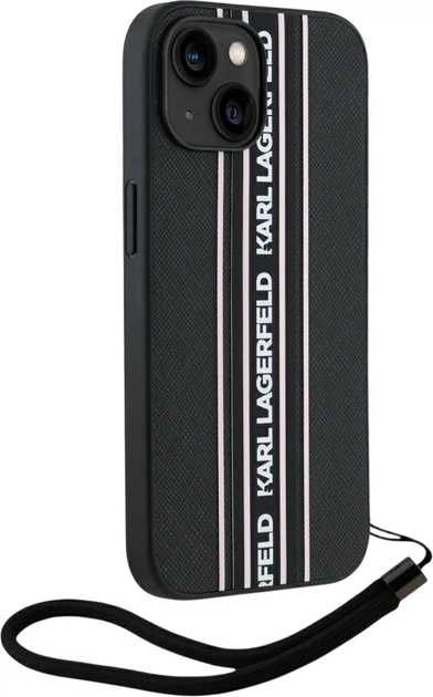 Etui plecki Karl Lagerfeld Saffiano Athleisure Stripes Cord do Apple iPhone 15 Black/Pink (3666339254742) - obraz 3