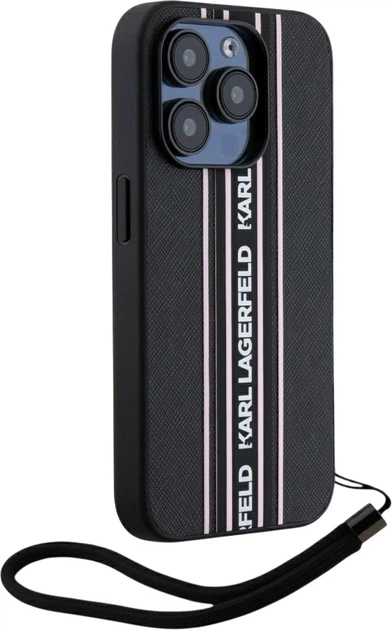 Etui plecki Karl Lagerfeld Saffiano Athleisure Stripes Cord do Apple iPhone 15 Pro Black/Pink (3666339254766) - obraz 3