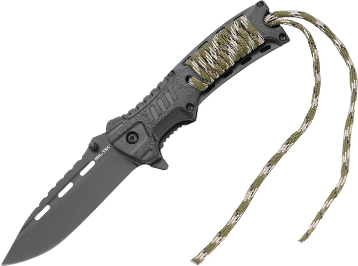 Nóż składany Mil-Tec 15318410 z kamuflażowym sznurkiem z paracordu i krzesiwem (4046872393679) - obraz 1