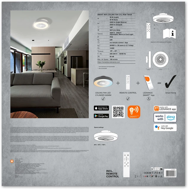 Lampa sufitowa z wentylatorem LEDVANCE SMART WIFI Ceiling Fan LED Cylinder 55 cm 38W 3000-6500K 2500Lm (4058075572577) - obraz 5