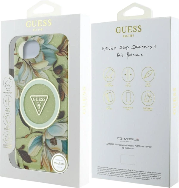 Панель Guess IML Metal Glitter Flowers Triangle MagSafe для Apple iPhone 16e Green (GUHMPSE4HFLPEDN) - зображення 7
