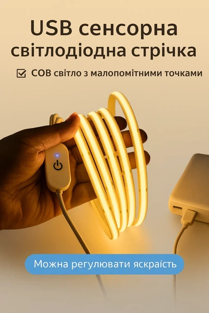 USB світлодіодна стрічка 5V COB, тепле біле світло, з сенсорною кнопкою, 2м - зображення 2