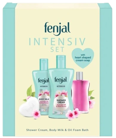 Набір косметики для догляду за тілом Fenjal Intensive крем для душу 200 мл молочко для тіла 200 мл олійка для ванни 50 мл мило в бруску 90 г (4013162036028) - зображення 1