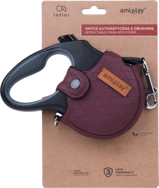 Smycz automatyczna Amiplay Infini z obudową New York L 5 m Bordowa (5907563271906) - obraz 2
