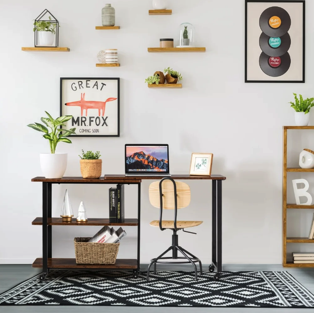Стіл L-подібний Costway King Loft поворотний 360° з полицями Black - зображення 8