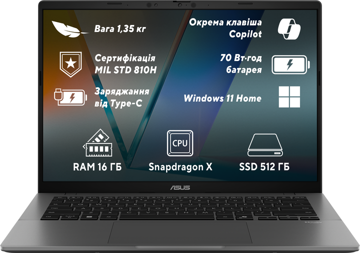 Ноутбук ASUS Vivobook S14 S3407QA-KP003W (90NB16B2-M000R0) Matte Gray / 14" IPS WQXGA / Snapdragon X X1 26 100 / RAM 16 ГБ / SSD 512 ГБ / Windows 11 Home / 10+ часов автономной роботы - Фото 1 Ноутбук ASUS Vivobook S14 S3407QA-KP003W (90NB16B2-M000R0) Matte Gray / 14" IPS WQXGA / Snapdragon X X1 26 100 / RAM 16 ГБ / SSD 512 ГБ / Windows 11 Home / 10+ часов автономной роботы - изображение 1