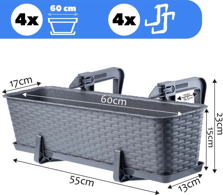 Балконний горщик з ручками Kadax Castro K8211 3 шт. Графітовий - зображення 2