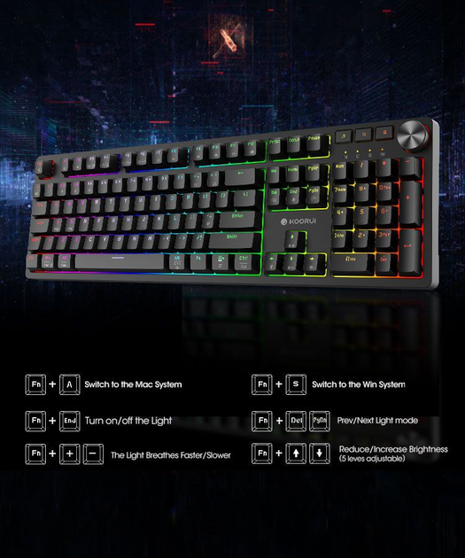 Koorui MK104 Повнорозмірна Механічна Ігрова Клавіатура з RGB Підсвіткою, USB Type-C, Анти-грізінг - Фото 2 Koorui MK104 Повнорозмірна Механічна Ігрова Клавіатура з RGB Підсвіткою, USB Type-C, Анти-грізінг - зображення 2