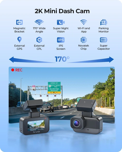 Мини видеорегистратор Krunia K1 2K WiFi - 170°, WDR ночное видение, парковочный режим 24/7, магнитное крепление - изображение 6