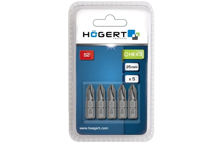 Короткие биты PH2 25 мм из прочной стали S2 5 штук Hogert (HT1S302) - изображение 2