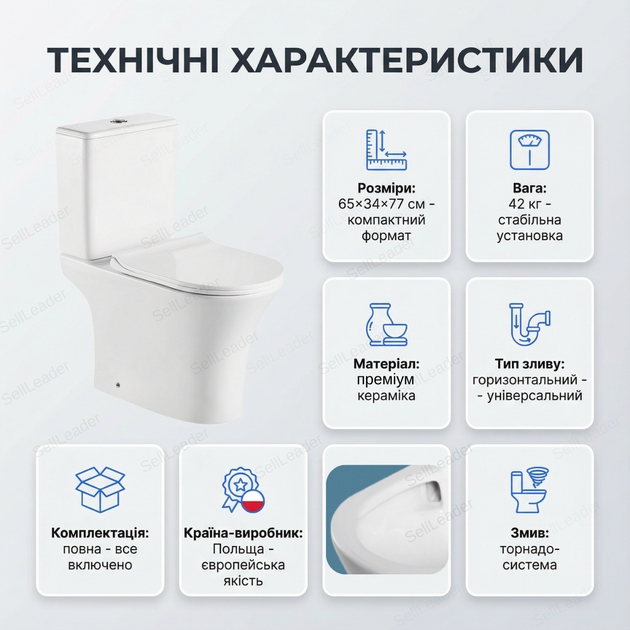 Унитаз компакт Insana Aton 65x34x77см горизонтальный бытовой напольный двойной смыв с бачком сиденьем - изображение 3