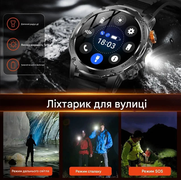 Чоловічий смарт-годиник з ємністю акумулятора 1000 мАг, зі світлодіодним фонариком для Android iOS - зображення 15