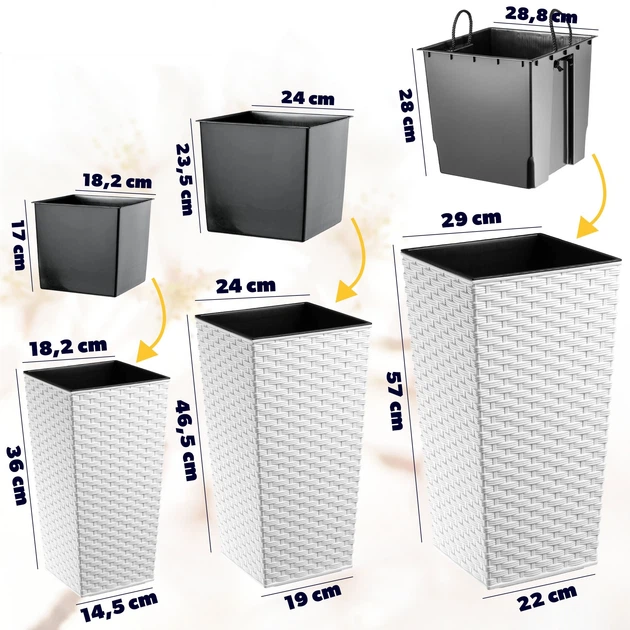 Donice na kwiaty z wkładem Kadax Pesaro K8054 19 cm + 25 cm + 30 cm Białe - obraz 2