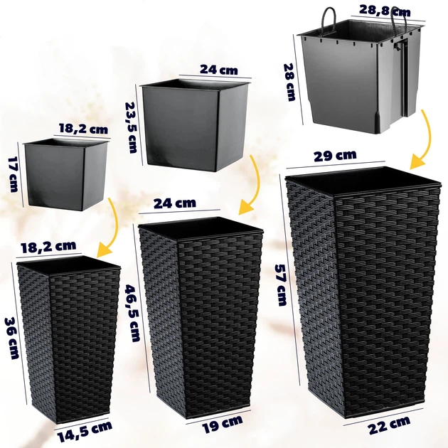 Donice na kwiaty z wkładem Kadax Pesaro K8055 19 cm + 25 cm + 30 cm Czarne - obraz 2