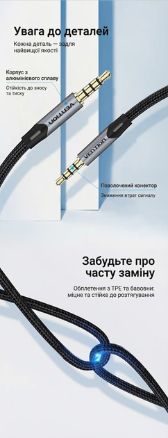 Кабель Vention TRRS Audio 3.5 мм 1.5 м 4-pin, с поддержкой микрофона, в оплетке Серый (BAQHG) - изображение 12