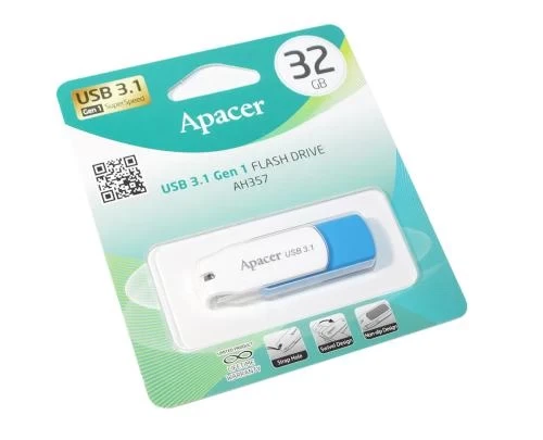Флеш накопичувач USB 32Gb Apacer AH357, White/Blue, USB 3.2 Gen 1 (AP32GAH357U-1) - Фото 2 Флеш накопичувач USB 32Gb Apacer AH357, White/Blue, USB 3.2 Gen 1 (AP32GAH357U-1) - зображення 2