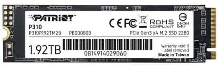 Твердотельный накопитель SSD 1.92Tb, Patriot P310, PCI-E 3.0 x4, M.2 2280 (P310P192TM28) - Фото 2 Твердотельный накопитель SSD 1.92Tb, Patriot P310, PCI-E 3.0 x4, M.2 2280 (P310P192TM28) - изображение 2