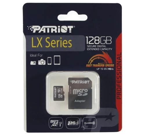 Карта пам'яті microSDXC, 128Gb, Patriot LX, Class10 UHS-I U1, SD адаптер, до 80 МБ/с (PSF128GMCSDXC10) - Фото 1 Карта пам'яті microSDXC, 128Gb, Patriot LX, Class10 UHS-I U1, SD адаптер, до 80 МБ/с (PSF128GMCSDXC10) - зображення 1