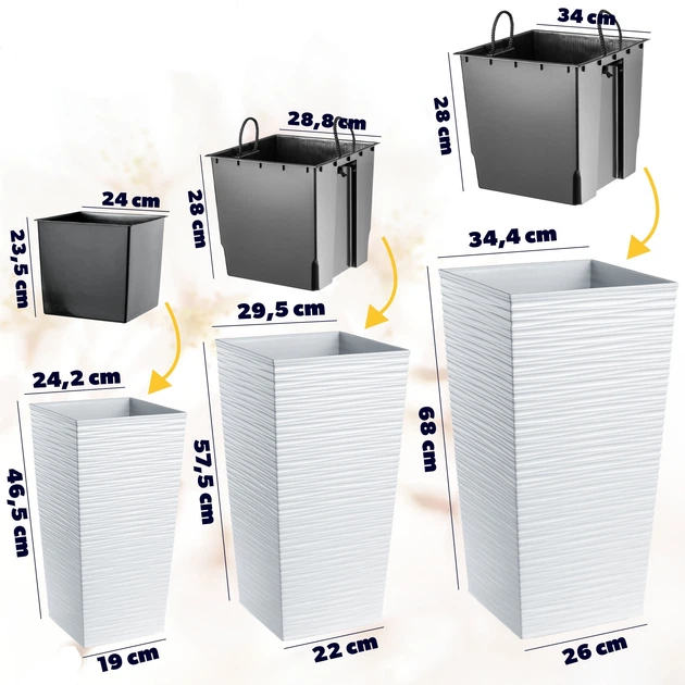Donice na kwiaty z wkładem Kadax Tuluza K8061 25 cm + 30 cm + 35 cm Białe - obraz 2