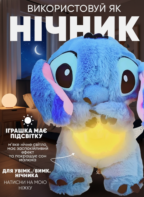 Інтерактивна плюшева іграшка Стич для сну з музикою, диханням і підсвіткою, нічник для дітей - зображення 2