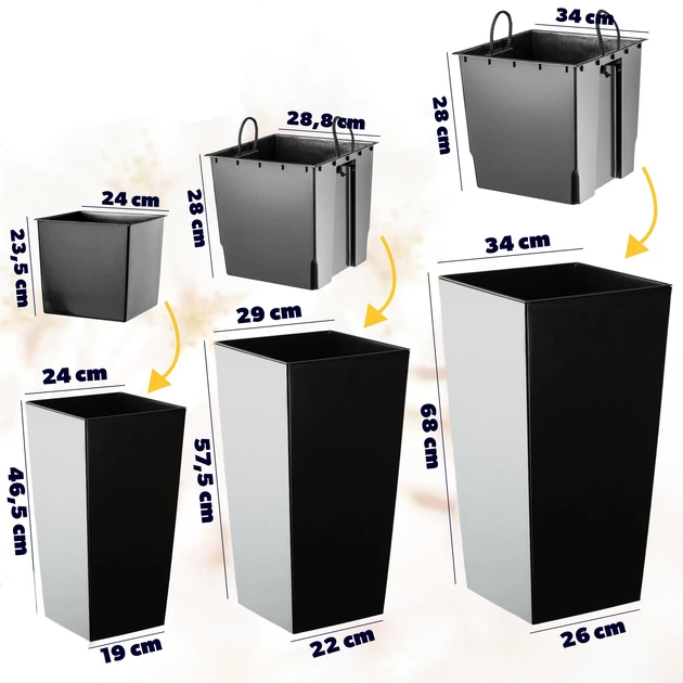 Квіткові горщики зі вставкою Kadax Masiera K8051 25 см + 30 см + 35 см Чорні - зображення 2