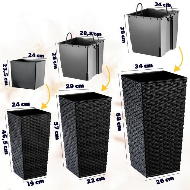 Donice na kwiaty z wkładem Kadax Pesaro K8056 25 cm + 30 cm + 35 cm Czarne - obraz 2