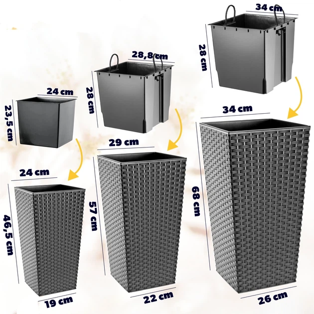 Donice na kwiaty z wkładem Kadax Pesaro K8058 25 cm + 30 cm + 35 cm Grafit - obraz 2