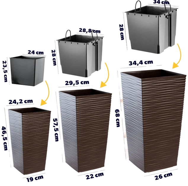 Donice na kwiaty z wkładem Kadax Tuluza K8065 25 cm + 30 cm + 35 cm Mokka - obraz 2