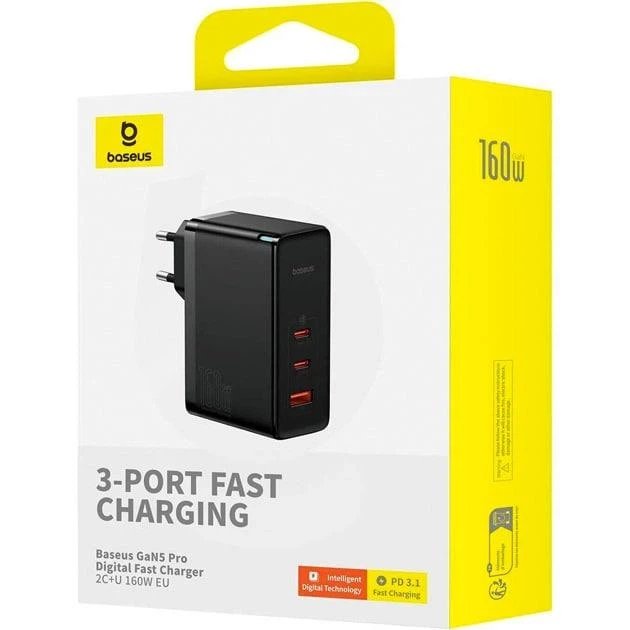 Сетевое зарядное устройство Baseus GaN5 Pro 160W 2Type-C + USB 5A с функцией быстрой зарядки QC4.0+PD3.1 + Кабель Type-C to Type-C 240W 48V/5A 1м (P10110825113-00) Black - изображение 9