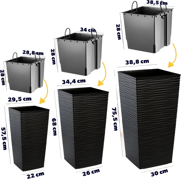 Donice na kwiaty z wkładem Kadax Tuluza K8072 30 cm + 35 cm + 40 cm Czarne - obraz 2
