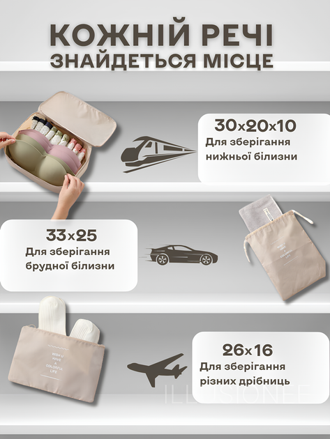 Органайзери набір органайзерів 12в1 дорожній для зберігання одягу взуття білизни косметики аксесуарів організація багажу компактне зберігання сумки чохли для чемодана ручної кладі поїздок подорожей водонепроникні складна конструкція бежеві 3DTOYSLAMP - Фото 9 Органайзери набір органайзерів 12в1 дорожній для зберігання одягу взуття білизни косметики аксесуарів організація багажу компактне зберігання сумки чохли для чемодана ручної кладі поїздок подорожей водонепроникні складна конструкція бежеві 3DTOYSLAMP - зображення 9