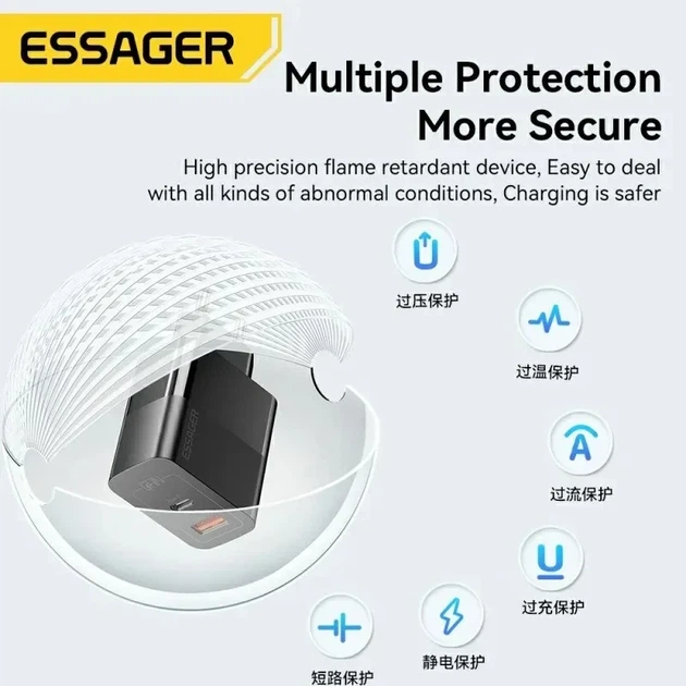 Зарядное устройство ESSAGER GAN 33W USB-C+USB-A Black - изображение 5
