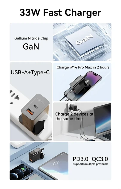 Зарядное устройство ESSAGER GAN 33W USB-C+USB-A Black - изображение 7
