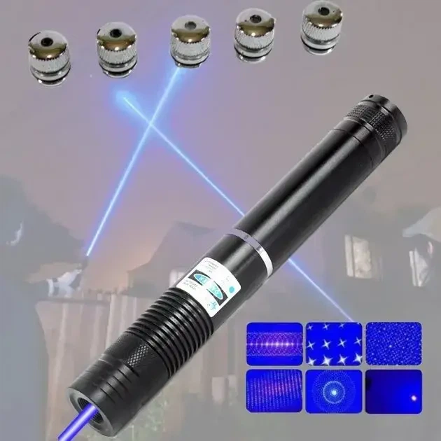 Лазерная указка YX-B008, 5 насадок 50000mW, SP2 синий луч 2 АКБ 16340 до 50км Blue Laser.Черный - изображение 4