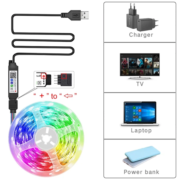 Світлодіодна клейка LED стрічка RGB 5050 10 метрів з пультом USB 5V Bluetooth - зображення 2