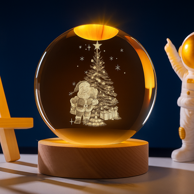 Нічник 3D куля кришталева Різдво RGB на дерев'яній підставці USB - зображення 2