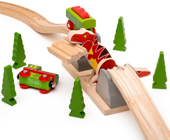 Drewniany zestaw kolejowy  Bigjigs Rail Most z tyranozaurem 7 elementów (0691621002780) - obraz 3