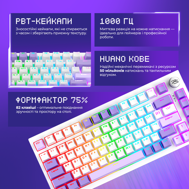 Клавиатура беспроводная Proove Gaming Coupe Bluetooth/Wireless/USB Ukraine Layout White/Purple (627890029) - изображение 5