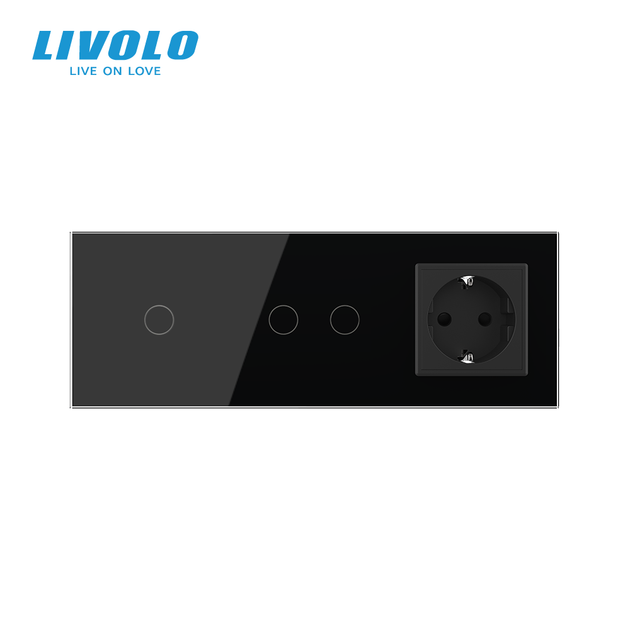 Сенсорний (дотиковий) вимикач 3 сенсори (1-2) з розеткою LIVOLO чорний скло - Фото 3 Сенсорний (дотиковий) вимикач 3 сенсори (1-2) з розеткою LIVOLO чорний скло - зображення 3