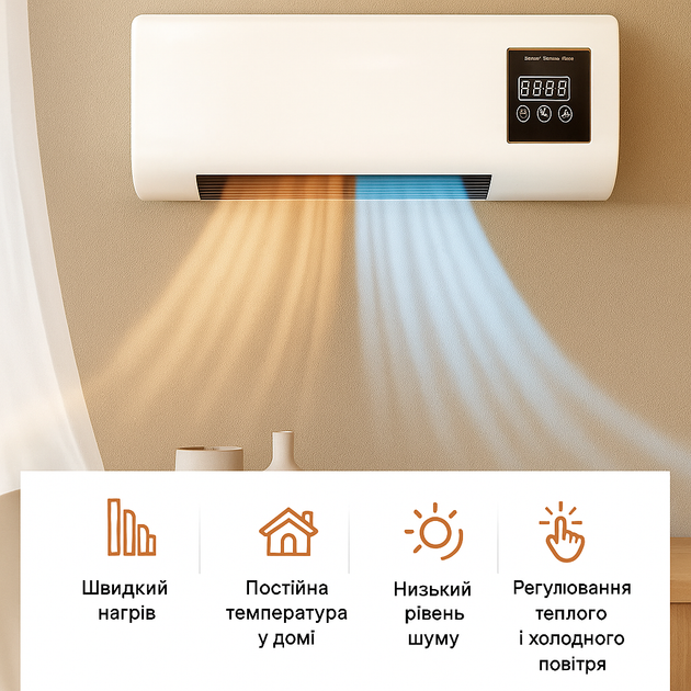 Тепловентилятор настенный мобильный Wall Air Cooler 800 Вт зима лето с пультом 3 режима - изображение 4