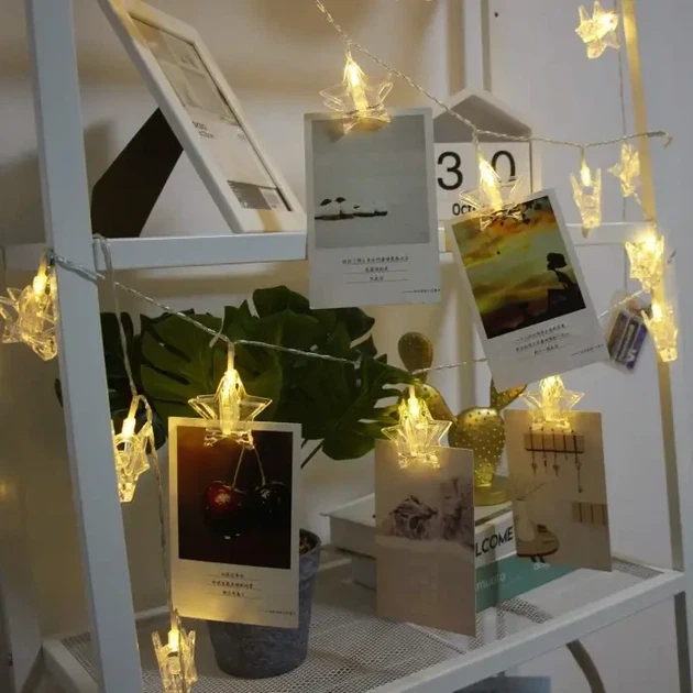 Гірлянда-нитка прищіпки зірочки 20 LED довжина 2 метри теплий білий USB - Фото 1 Гірлянда-нитка прищіпки зірочки 20 LED довжина 2 метри теплий білий USB - зображення 1