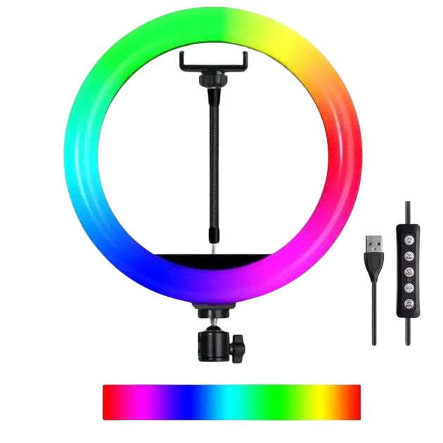 Лампа селфи кольцевая RGB 36 см со штативом 2 м креплениями для телефонов 3 штуки работой от USB регулировкой яркости (482232-Prob) - изображение 2
