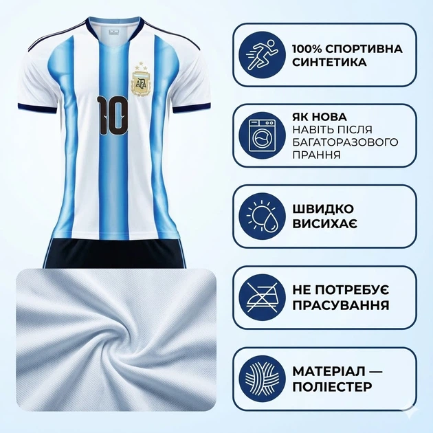 Детская футбольная форма сборной Аргентины Argentina Messi 10 25/26, размер 18 (рост 105–115 см), белая - Фото 3 Детская футбольная форма сборной Аргентины Argentina Messi 10 25/26, размер 18 (рост 105–115 см), белая - изображение 3