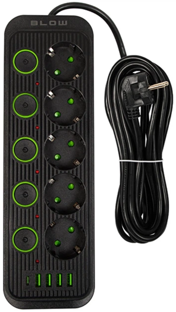 Подовжувач мережевий Blow PS-550S 5-розетковий 4 x USB 1 x USB-C 5 м Чорний (5900804142812) - зображення 2