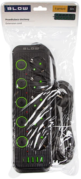 Подовжувач мережевий Blow PS-530S 5-розетковий 4 x USB 1 x USB-C 3 м Чорний (5900804142805) - зображення 4