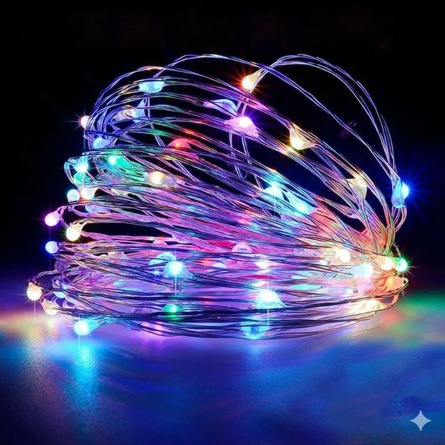 Светодиодная гирлянда Xmas Капля росы 100 Led 10m на медной проволоке Мультицветная от батареек+USB - изображение 3