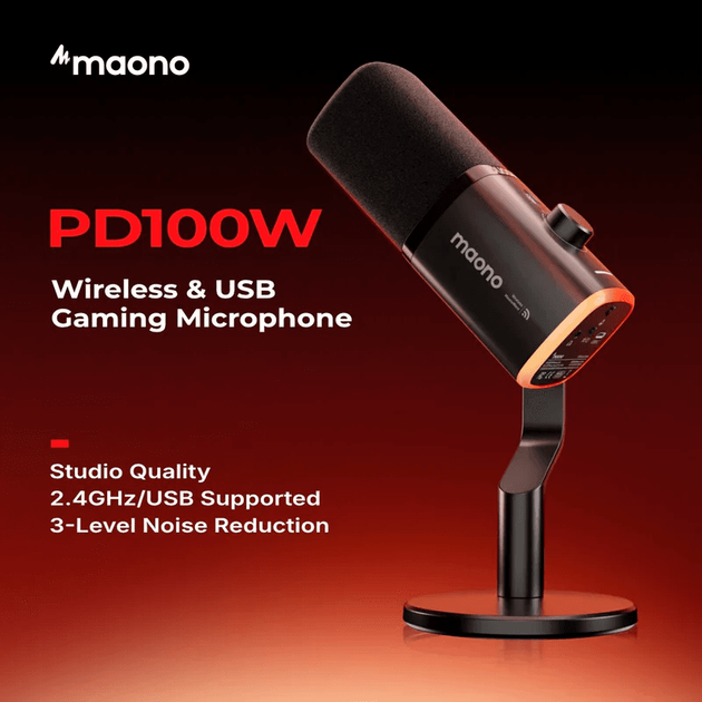 Мікрофон Maono PD100W Бездротовий 2.4GHz і USB, динамічний, для ПК, Android, iPhone - Фото 2 Мікрофон Maono PD100W Бездротовий 2.4GHz і USB, динамічний, для ПК, Android, iPhone - зображення 2