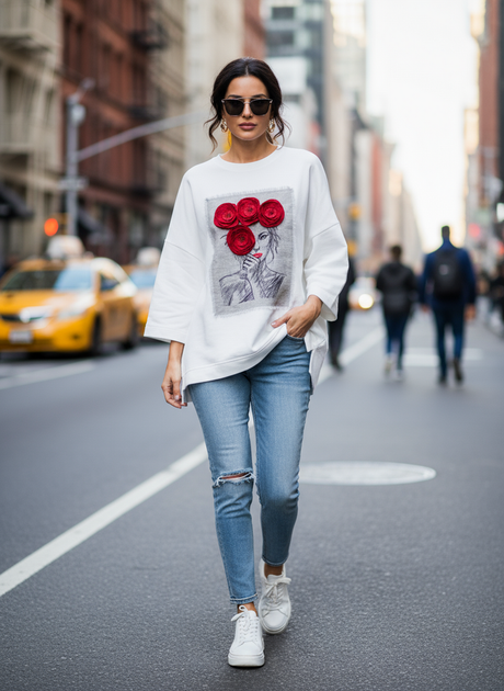 Женский свитшот oversize с вышивкой Маки Modna KAZKA MKNK4567 - 42/44, Білий - изображение 2