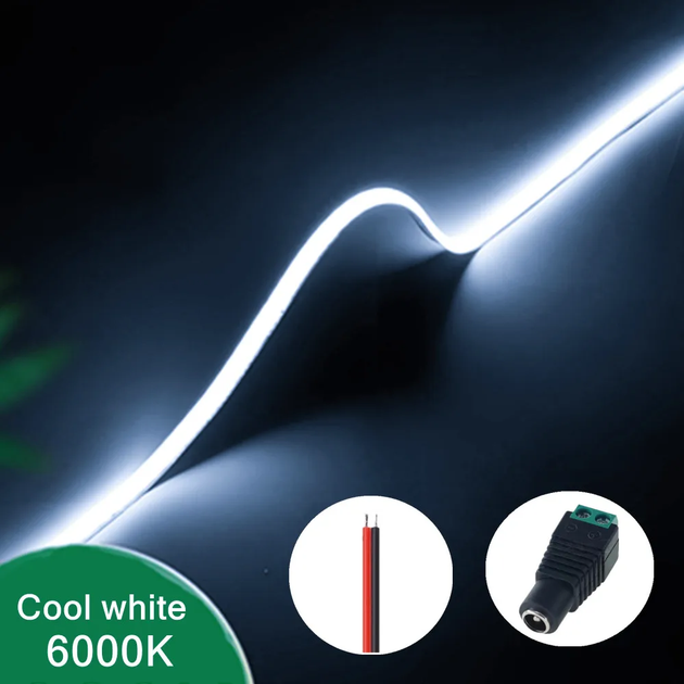 Ультратонкая светодиодная лента COB LED 3мм 12V 5м 400 диод/м 6000K холодный белый свет - изображение 3