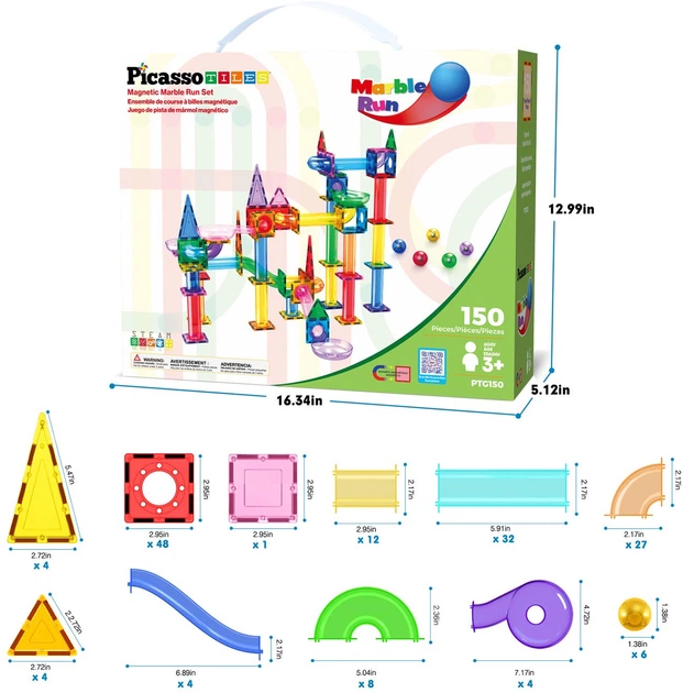 Klocki magnetyczne Picasso Tiles Tor z kulkami 150 elementów PTG150 (0817338022785) - obraz 3